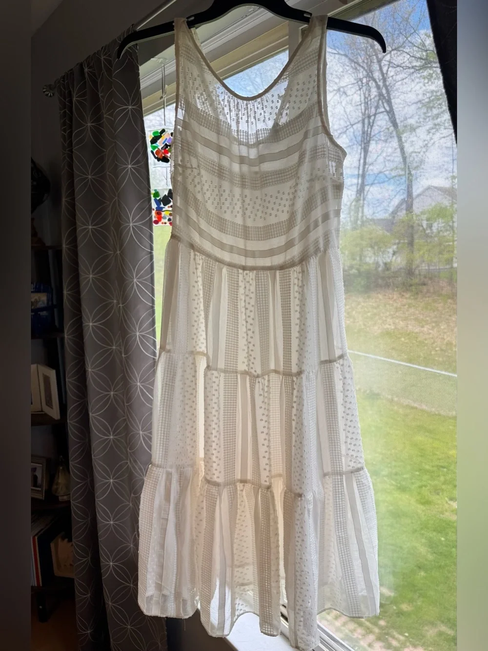 J. CREW Tiered Midi Dress  in Striped Clip Dot- Ivory Sz M Fully Lined Angelcore